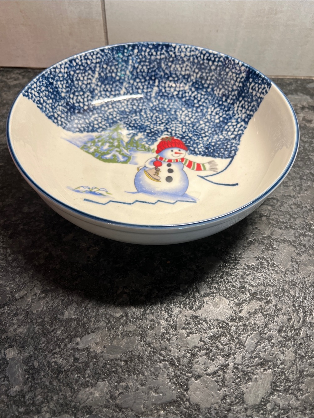 Thomson Pottery Snowman Sponge wear Serving Bowl - Blue & White VINTAGE RETIRED